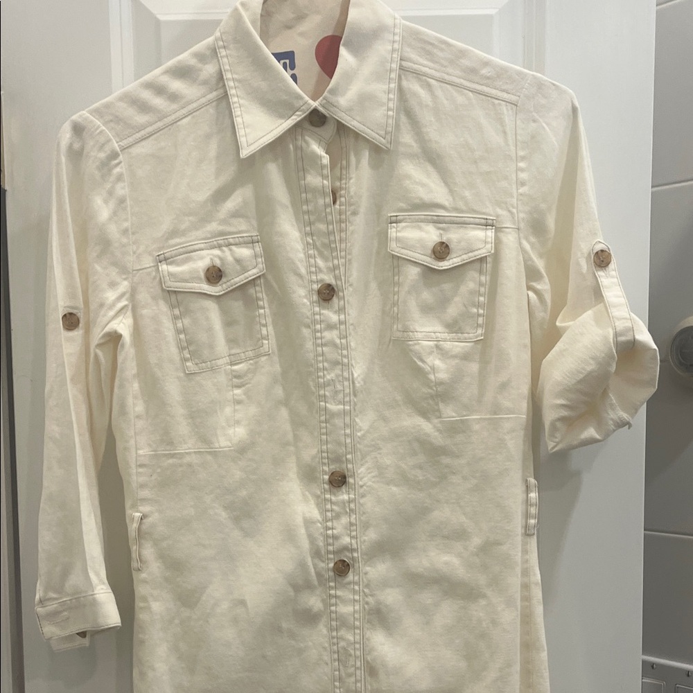 Cream Button-Up dress with Roll-Up Sleeves
